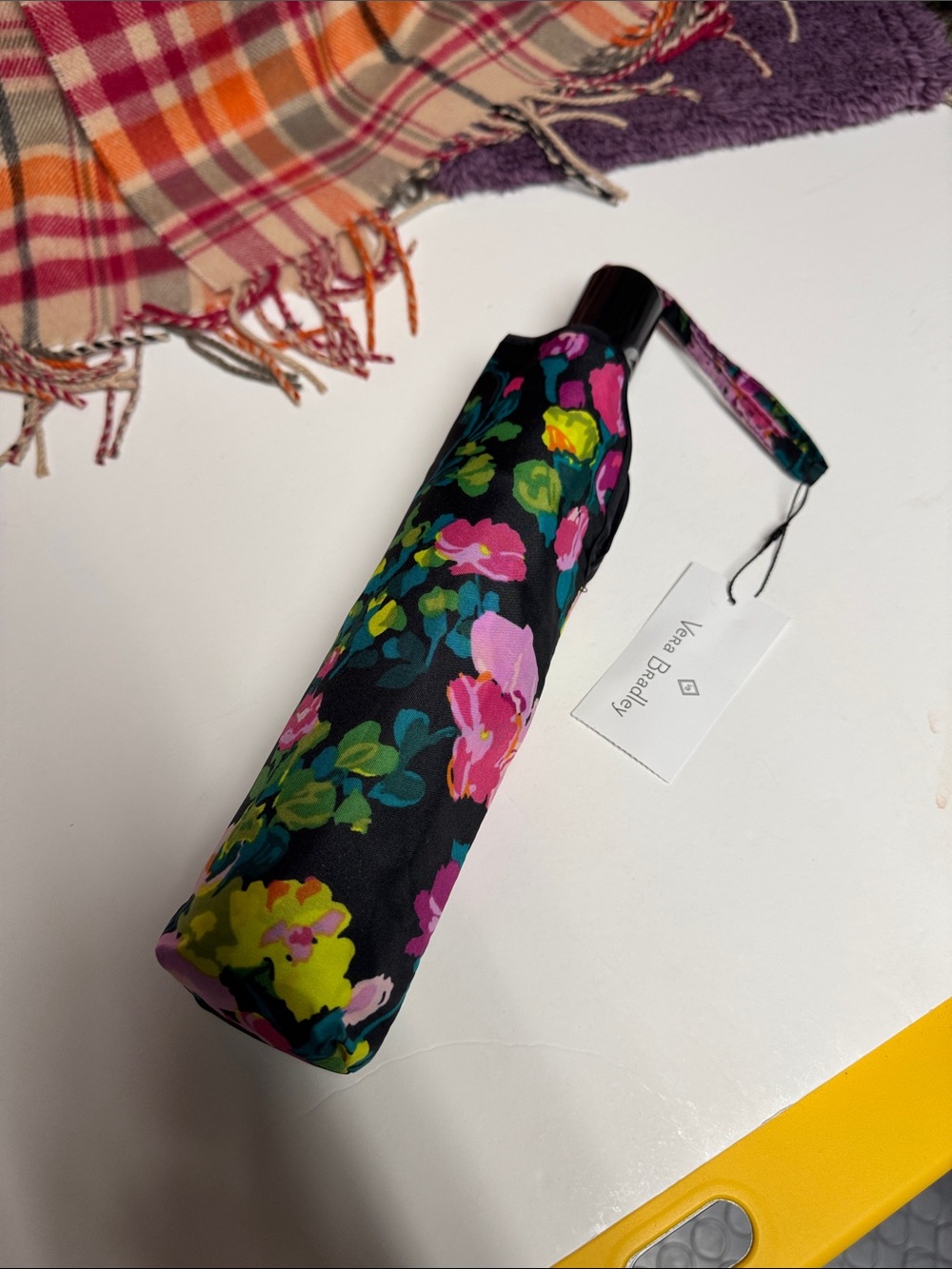Vera Bradley Black Floral Compact Umbrella with Pink and Yellow Blooms